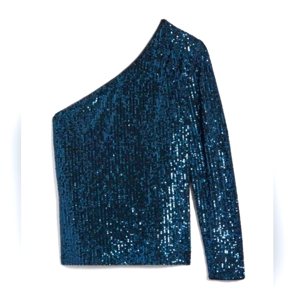WHBM Blue Sequined Exposed Shoulder Evening Blouse - Picture 11 of 13